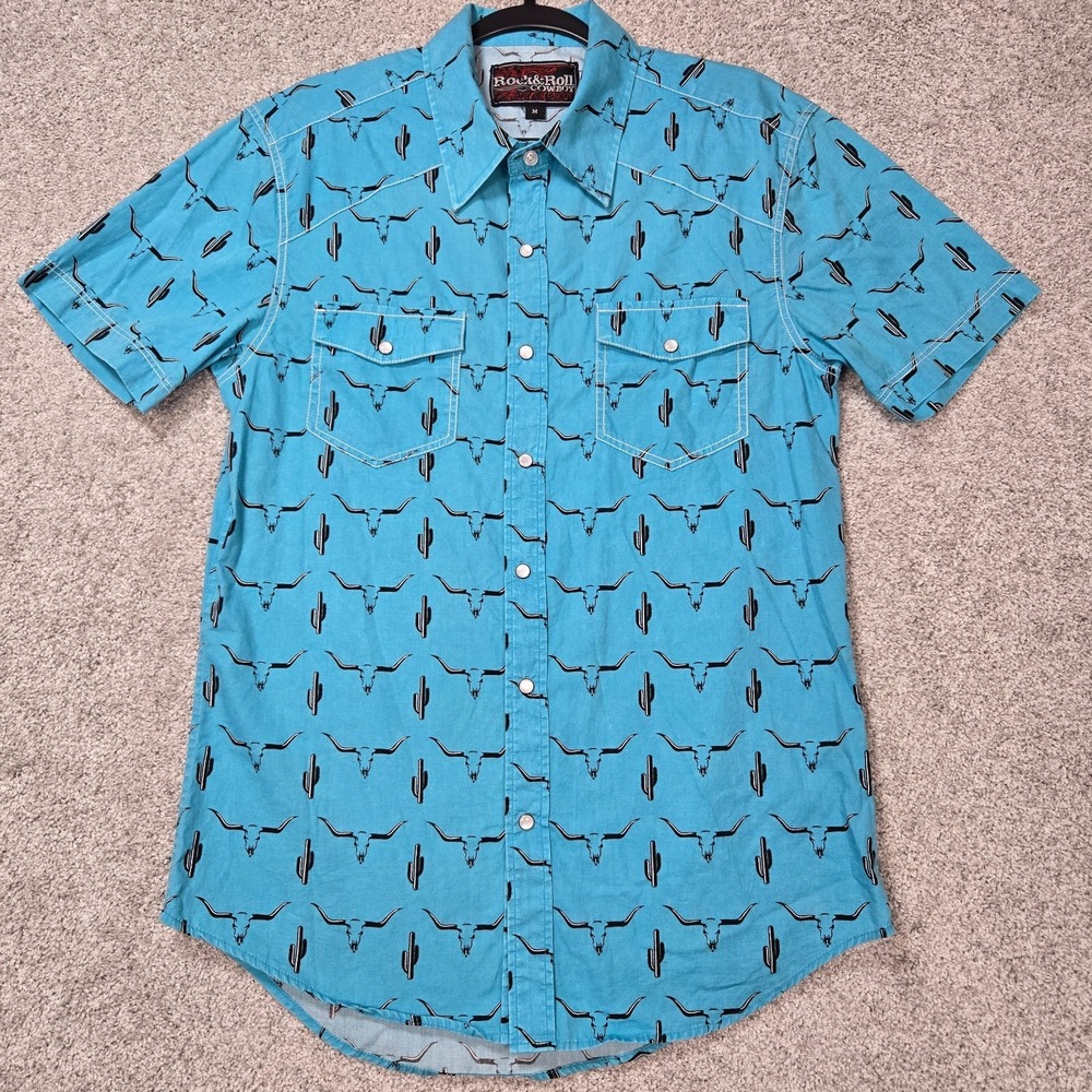 Rock & Roll Cowboy pearl snap shirt S/S Men Medium cactus long horn Steer print